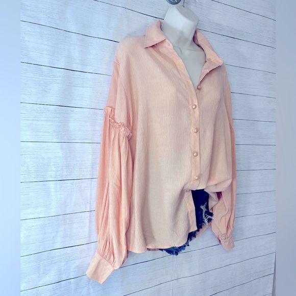Orange Ruffled Patchwork Bubble Sleeve Oversized Button Down Collared Shirt 💗 - Picture 2 of 7